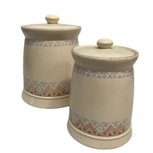 Vintage International Stoneware Two Canister Set Southwest Aztec Design EUC
